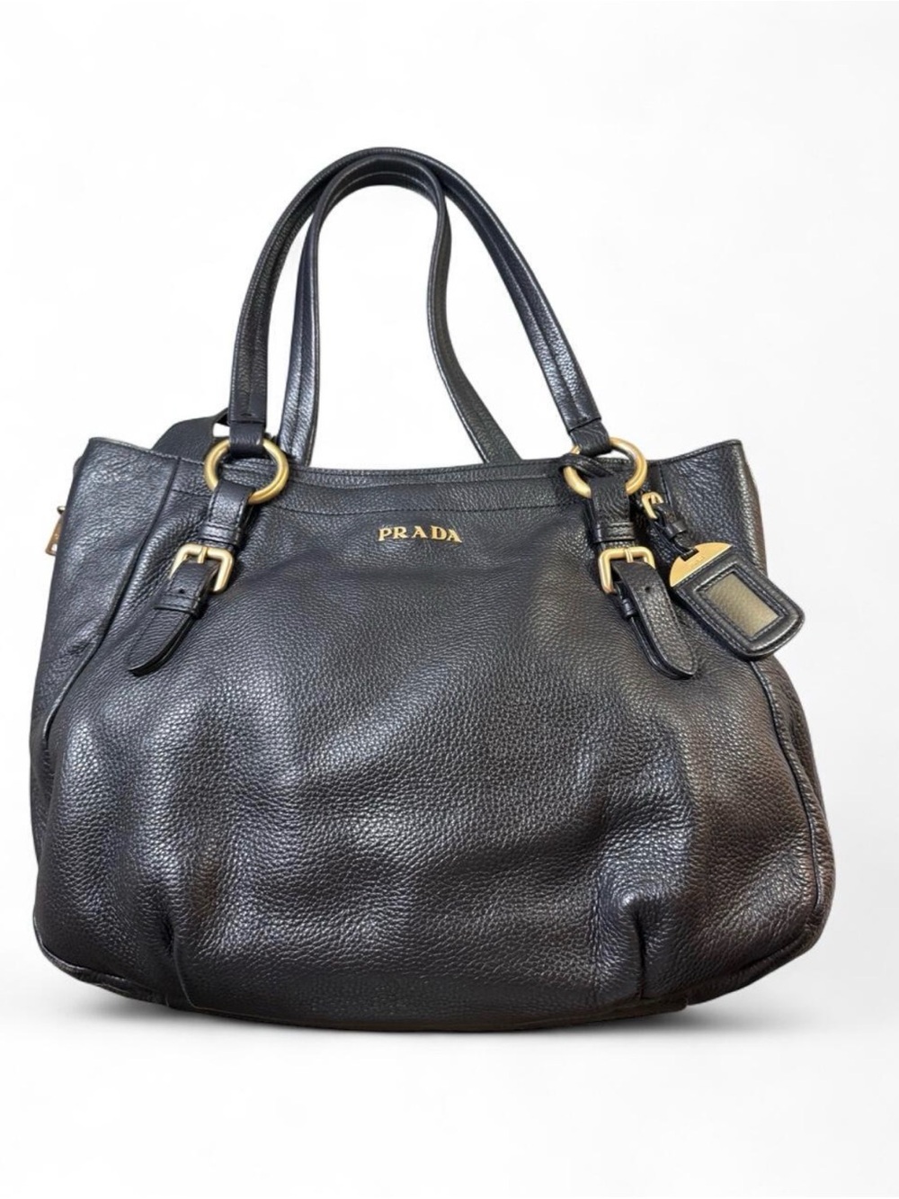 Prada Black Pebbled Leather Shoulder Bag with Gold Hardware